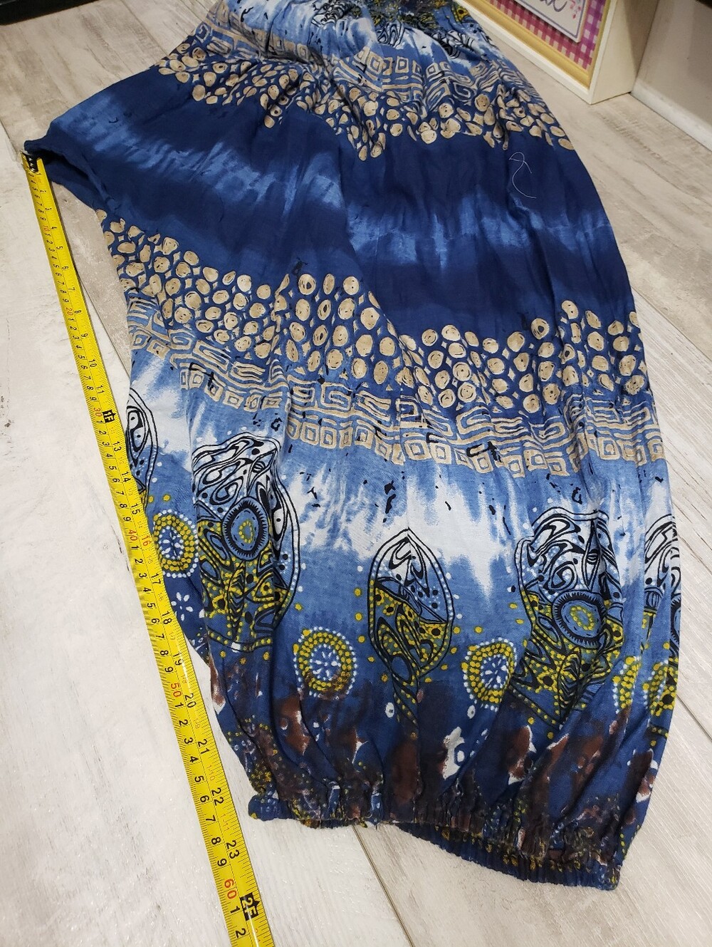 Boho Tie-Dye Harem Pants Blue Cream Mandala Print Smocked Waist Festival Hippie - Picture 6 of 12